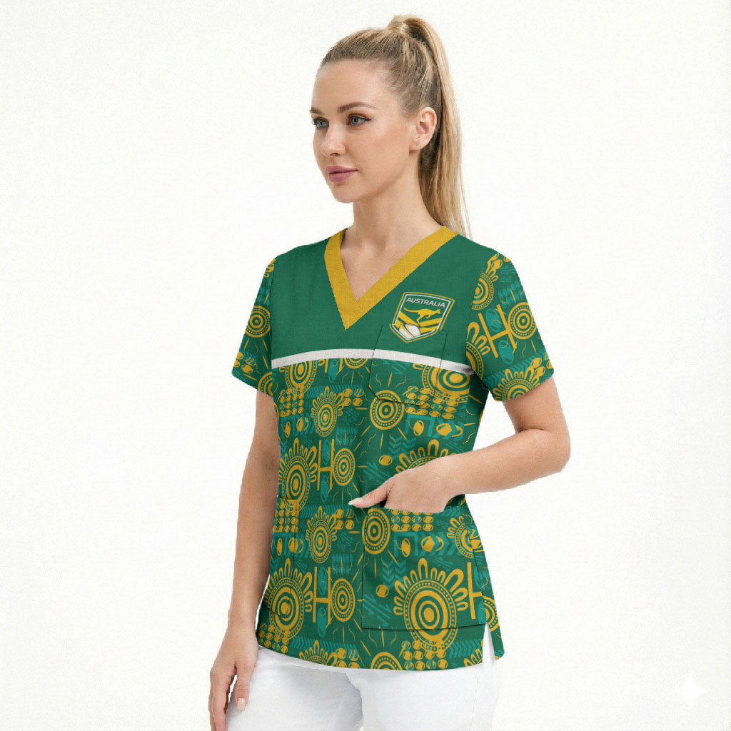 Australia Rugby Kangaroo Scrub Top Green Gold Aboriginal Dot Geometry