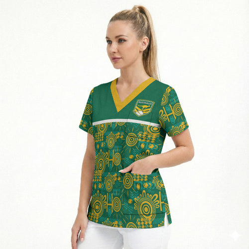 Australia Rugby Kangaroo Scrub Top Green Gold Aboriginal Dot Geometry