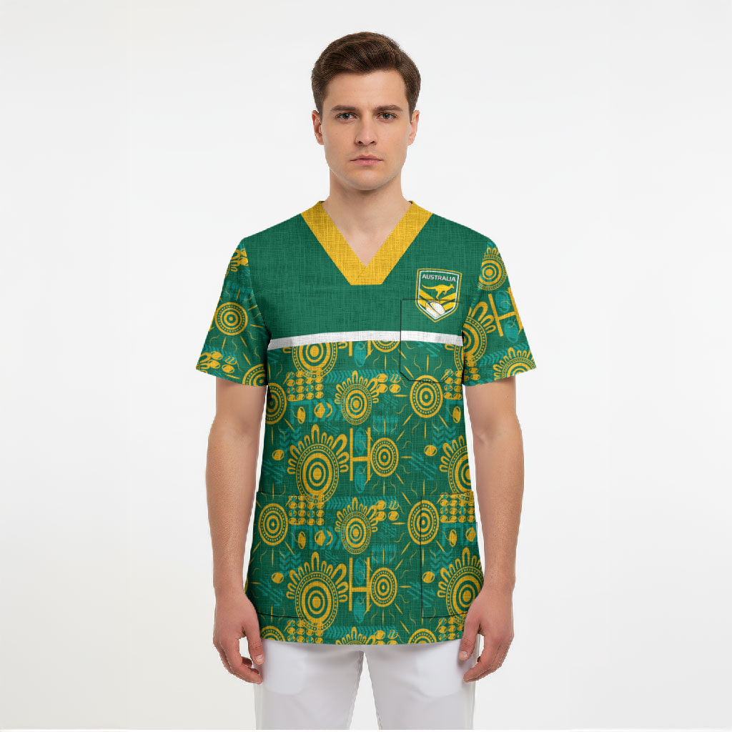 Australia Rugby Kangaroo Scrub Top Green Gold Aboriginal Dot Geometry
