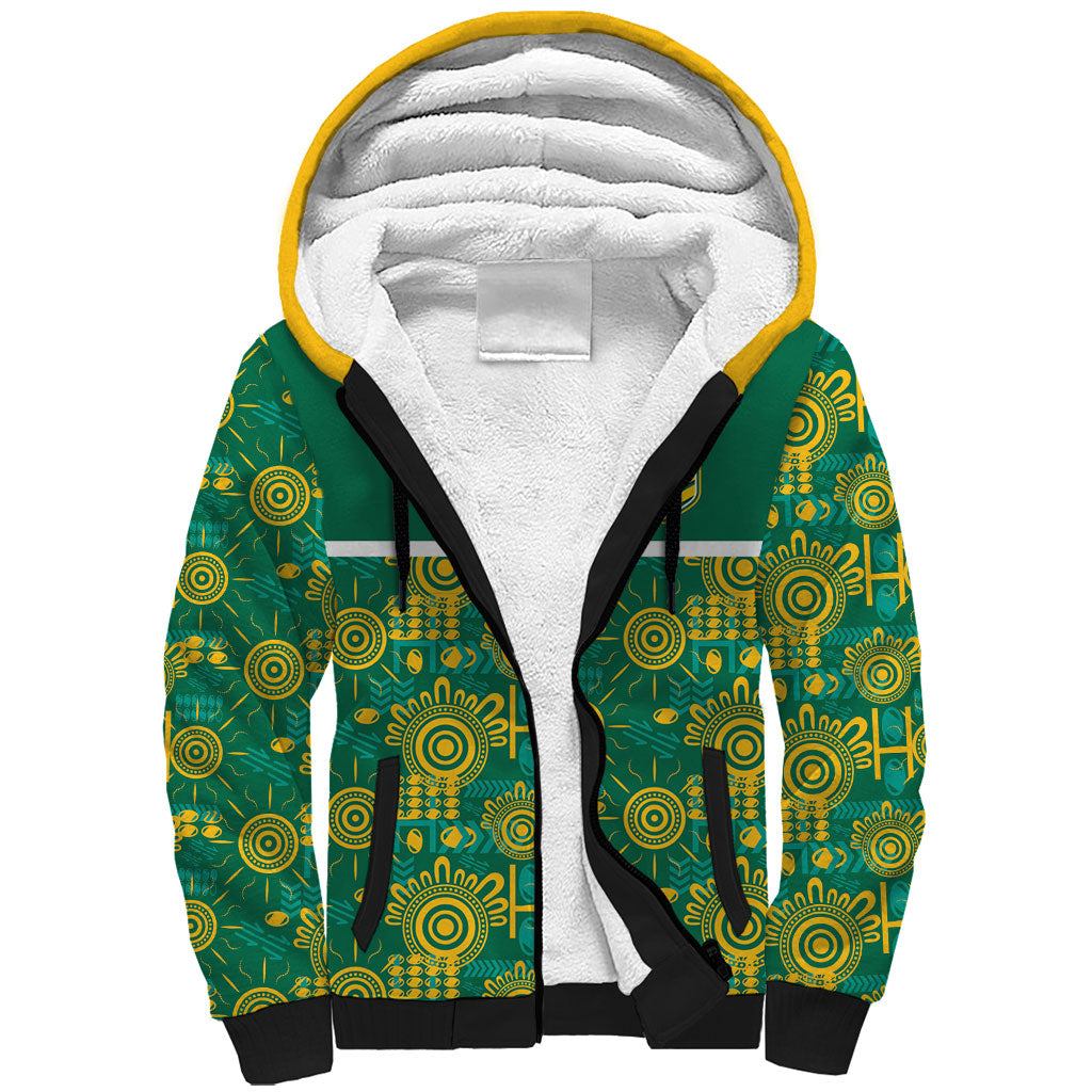 Australia Rugby Kangaroo Sherpa Hoodie Green Gold Aboriginal Dot Geometry