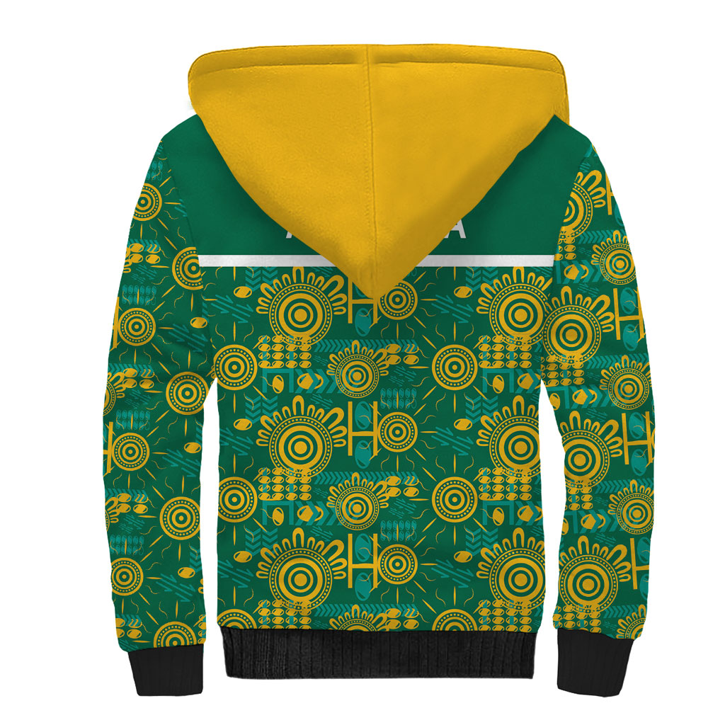 Australia Rugby Kangaroo Sherpa Hoodie Green Gold Aboriginal Dot Geometry