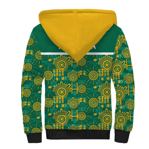 Australia Rugby Kangaroo Sherpa Hoodie Green Gold Aboriginal Dot Geometry