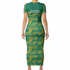 Australia Rugby Kangaroo Short Sleeve Bodycon Dress Green Gold Aboriginal Dot Geometry
