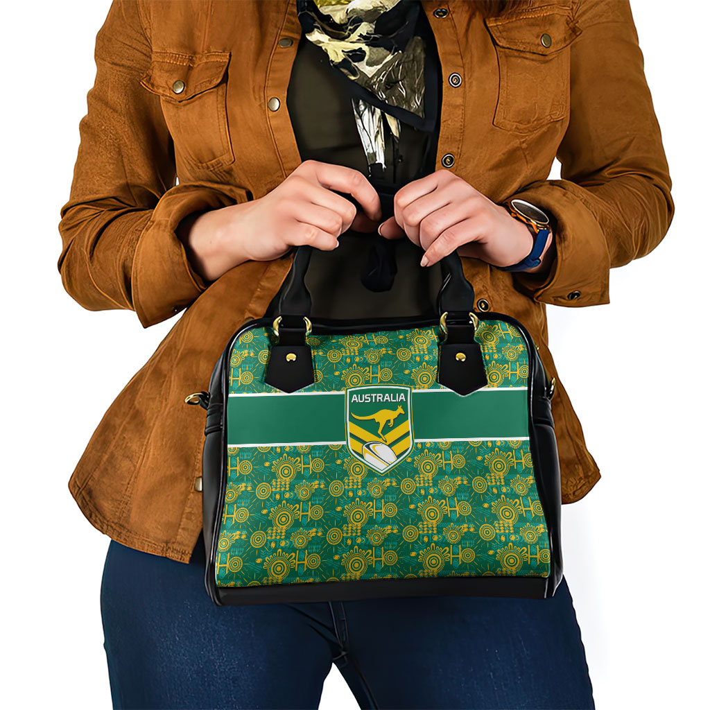Australia Rugby Kangaroo Shoulder Handbag Green Gold Aboriginal Dot Geometry