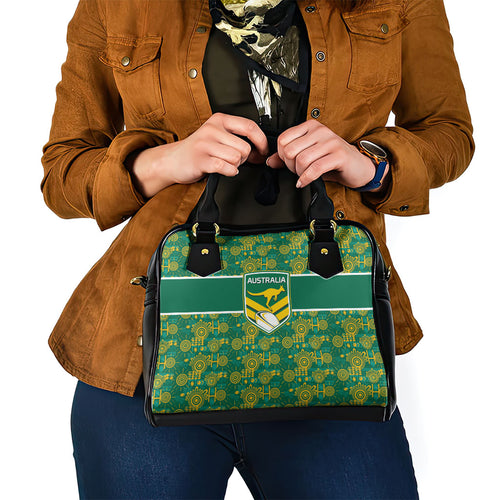 Australia Rugby Kangaroo Shoulder Handbag Green Gold Aboriginal Dot Geometry