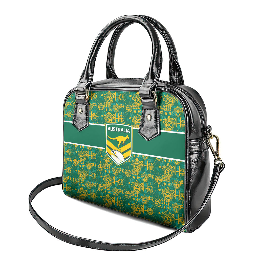 Australia Rugby Kangaroo Shoulder Handbag Green Gold Aboriginal Dot Geometry