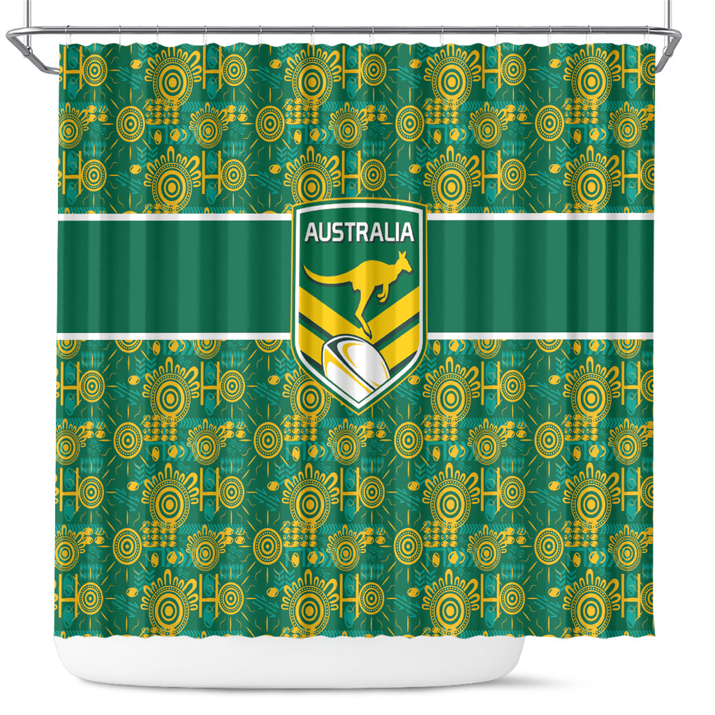 Australia Rugby Kangaroo Shower Curtain Green Gold Aboriginal Dot Geometry
