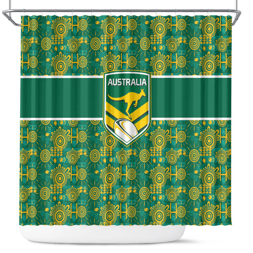 Australia Rugby Kangaroo Shower Curtain Green Gold Aboriginal Dot Geometry
