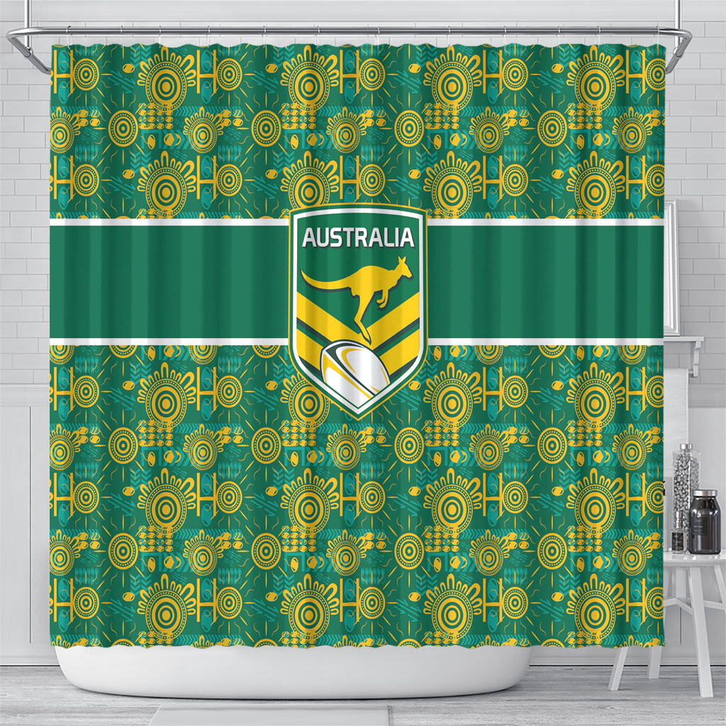 Australia Rugby Kangaroo Shower Curtain Green Gold Aboriginal Dot Geometry