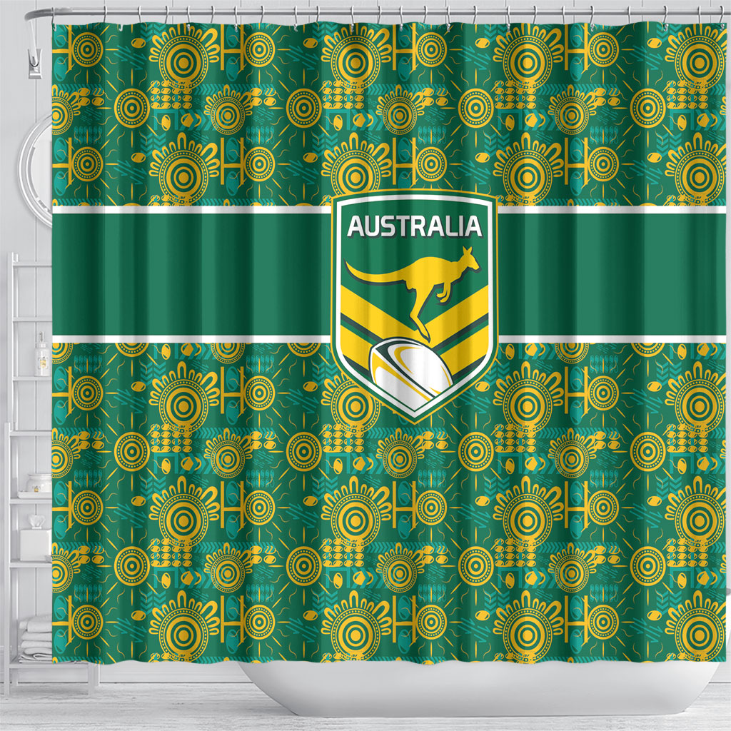 Australia Rugby Kangaroo Shower Curtain Green Gold Aboriginal Dot Geometry