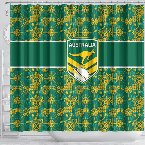 Australia Rugby Kangaroo Shower Curtain Green Gold Aboriginal Dot Geometry