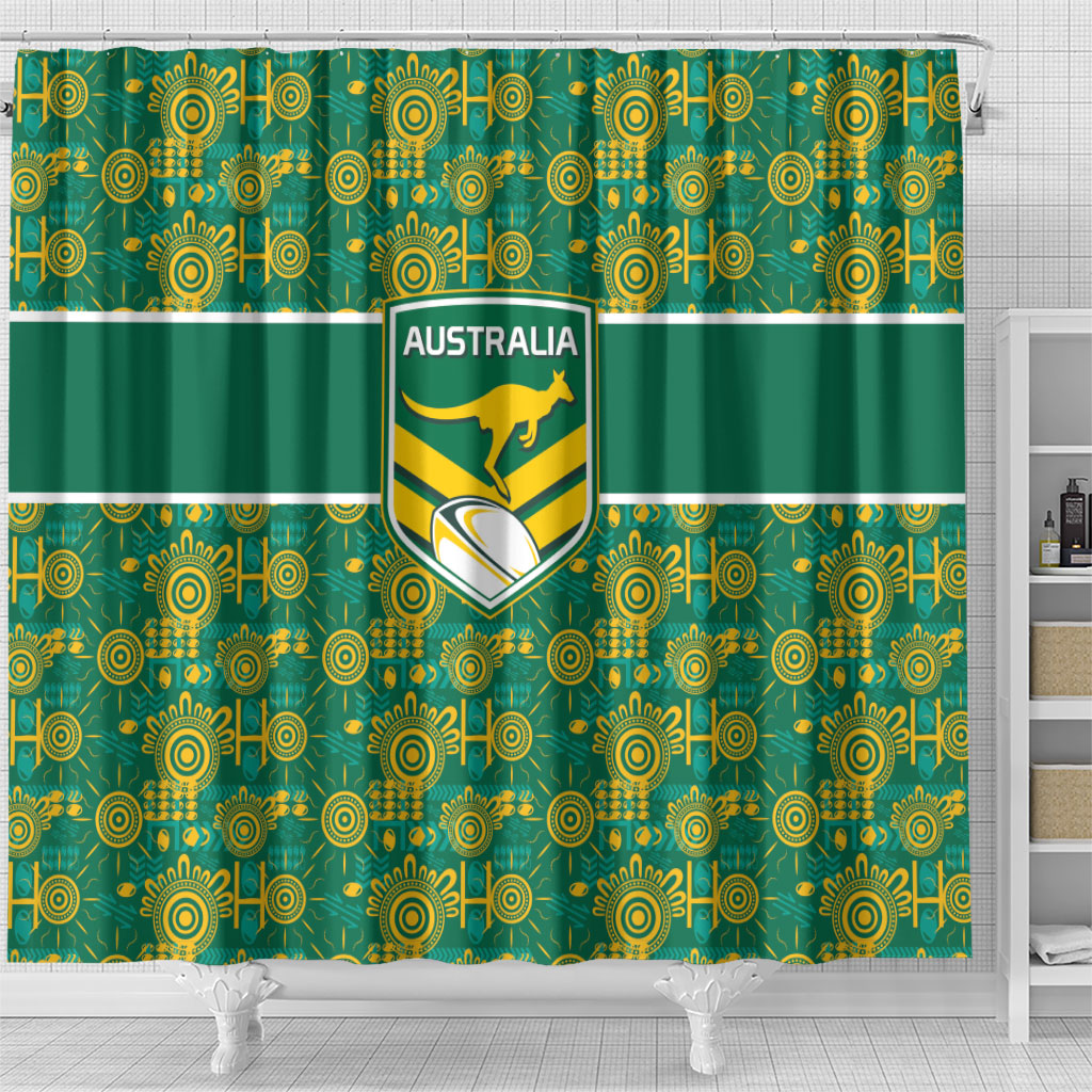 Australia Rugby Kangaroo Shower Curtain Green Gold Aboriginal Dot Geometry