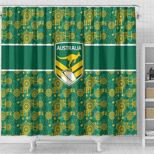 Australia Rugby Kangaroo Shower Curtain Green Gold Aboriginal Dot Geometry