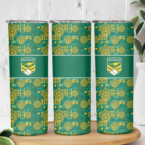 Australia Rugby Kangaroo Skinny Tumbler Green Gold Aboriginal Dot Geometry
