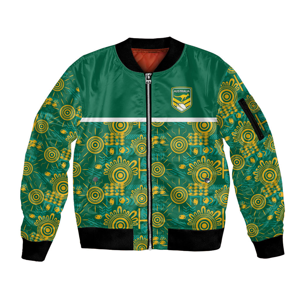 Australia Rugby Kangaroo Sleeve Zip Bomber Jacket Green Gold Aboriginal Dot Geometry