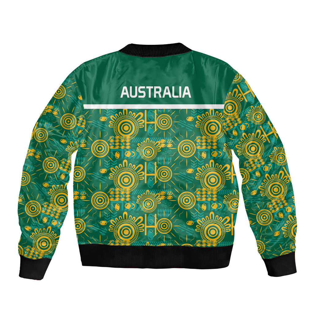 Australia Rugby Kangaroo Sleeve Zip Bomber Jacket Green Gold Aboriginal Dot Geometry