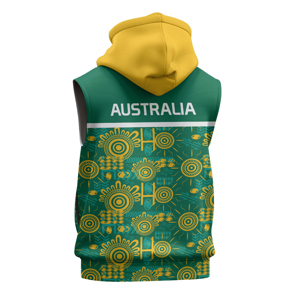 Australia Rugby Kangaroo Sleeveless Hoodie Green Gold Aboriginal Dot Geometry