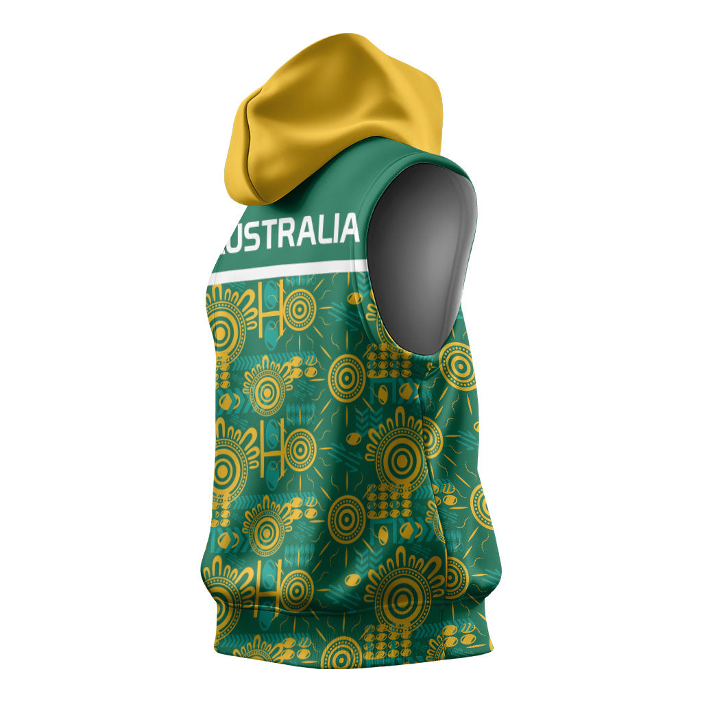 Australia Rugby Kangaroo Sleeveless Hoodie Green Gold Aboriginal Dot Geometry