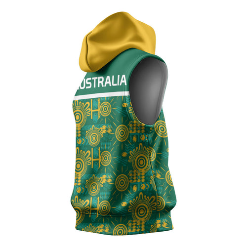 Australia Rugby Kangaroo Sleeveless Hoodie Green Gold Aboriginal Dot Geometry