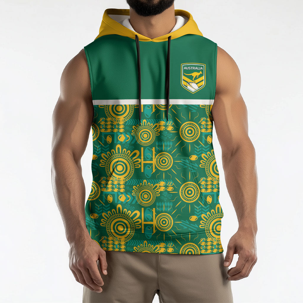 Australia Rugby Kangaroo Sleeveless Hoodie Green Gold Aboriginal Dot Geometry