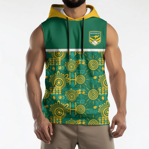 Australia Rugby Kangaroo Sleeveless Hoodie Green Gold Aboriginal Dot Geometry