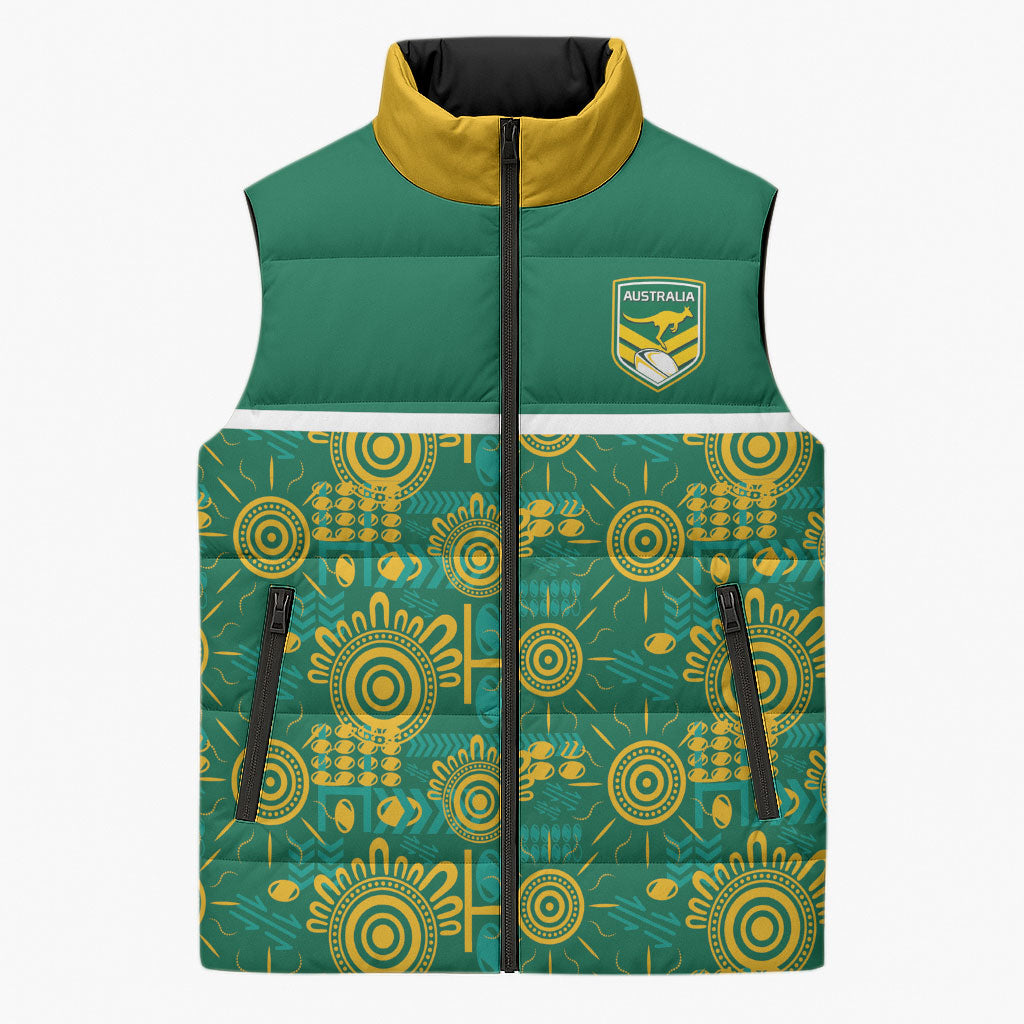 Australia Rugby Kangaroo Sleeveless Puffer Jacket Green Gold Aboriginal Dot Geometry