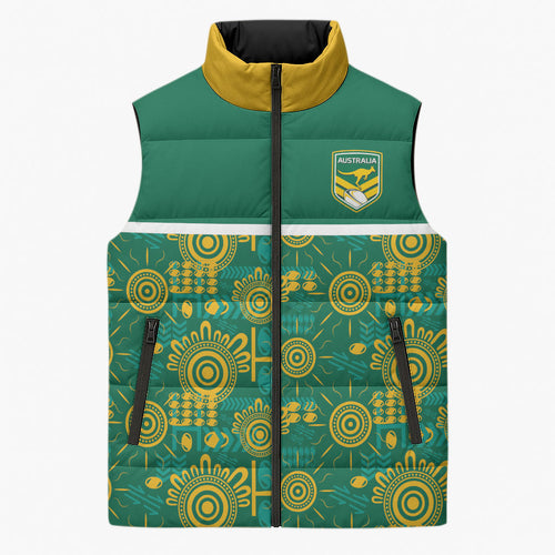 Australia Rugby Kangaroo Sleeveless Puffer Jacket Green Gold Aboriginal Dot Geometry