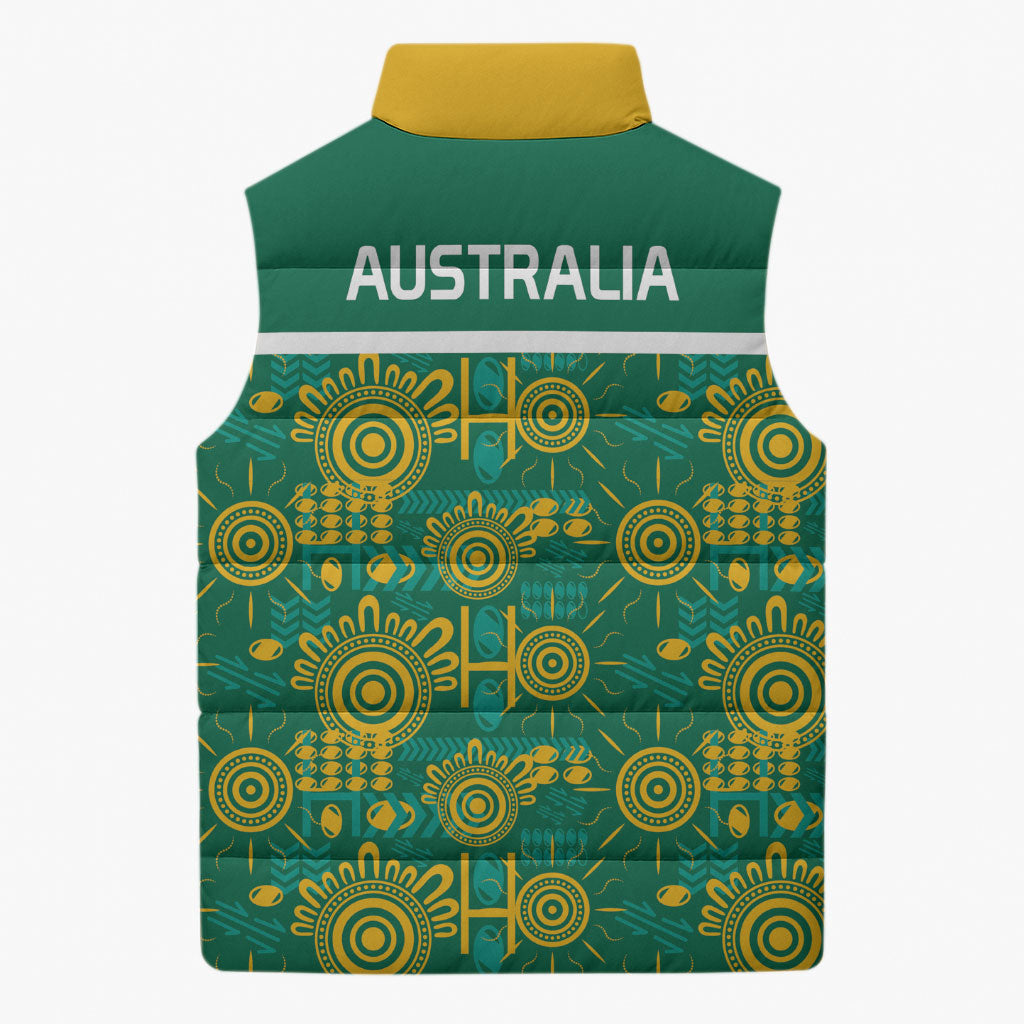 Australia Rugby Kangaroo Sleeveless Puffer Jacket Green Gold Aboriginal Dot Geometry