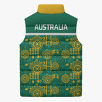 Australia Rugby Kangaroo Sleeveless Puffer Jacket Green Gold Aboriginal Dot Geometry
