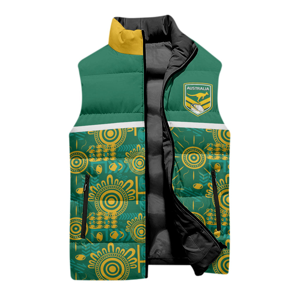 Australia Rugby Kangaroo Sleeveless Puffer Jacket Green Gold Aboriginal Dot Geometry