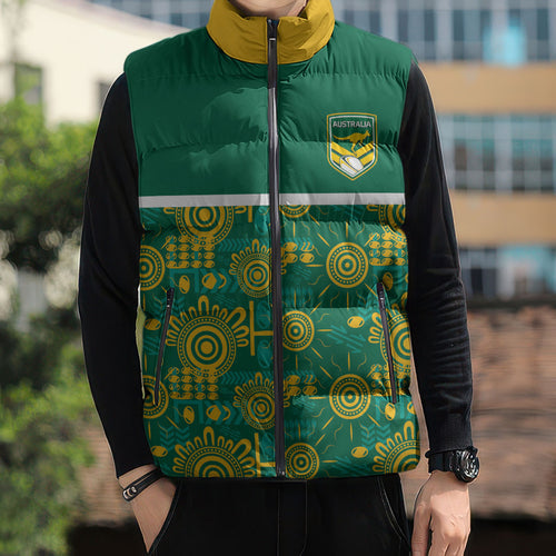 Australia Rugby Kangaroo Sleeveless Puffer Jacket Green Gold Aboriginal Dot Geometry