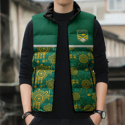 Australia Rugby Kangaroo Sleeveless Puffer Jacket Green Gold Aboriginal Dot Geometry