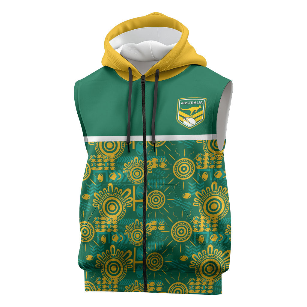 Australia Rugby Kangaroo Sleeveless Zip Hoodie Green Gold Aboriginal Dot Geometry