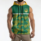 Australia Rugby Kangaroo Sleeveless Zip Hoodie Green Gold Aboriginal Dot Geometry