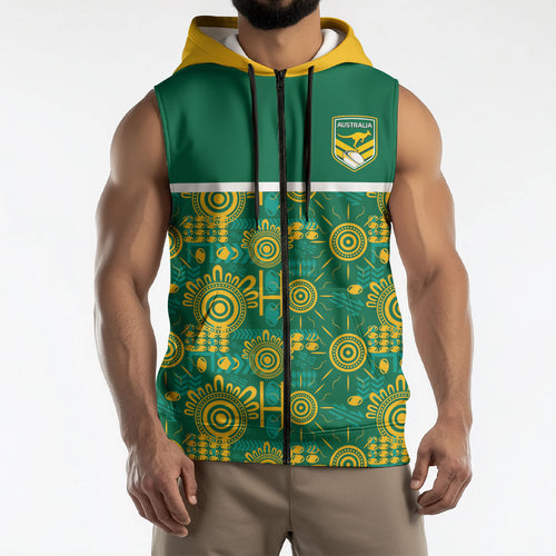Australia Rugby Kangaroo Sleeveless Zip Hoodie Green Gold Aboriginal Dot Geometry