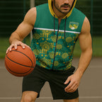 Australia Rugby Kangaroo Sleeveless Zip Hoodie Green Gold Aboriginal Dot Geometry