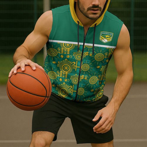 Australia Rugby Kangaroo Sleeveless Zip Hoodie Green Gold Aboriginal Dot Geometry