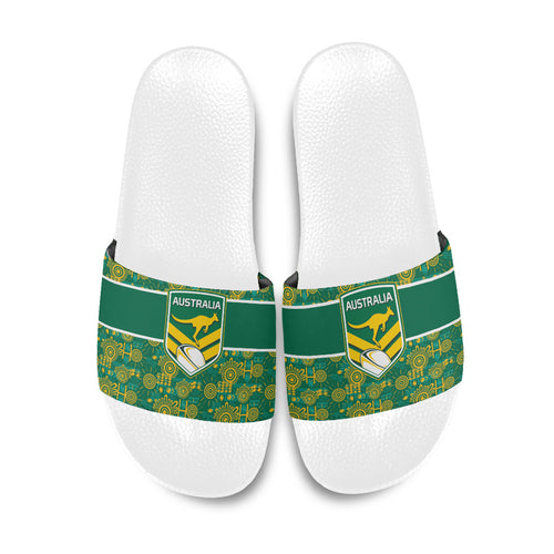 Australia Rugby Kangaroo Slide Sandals Green Gold Aboriginal Dot Geometry