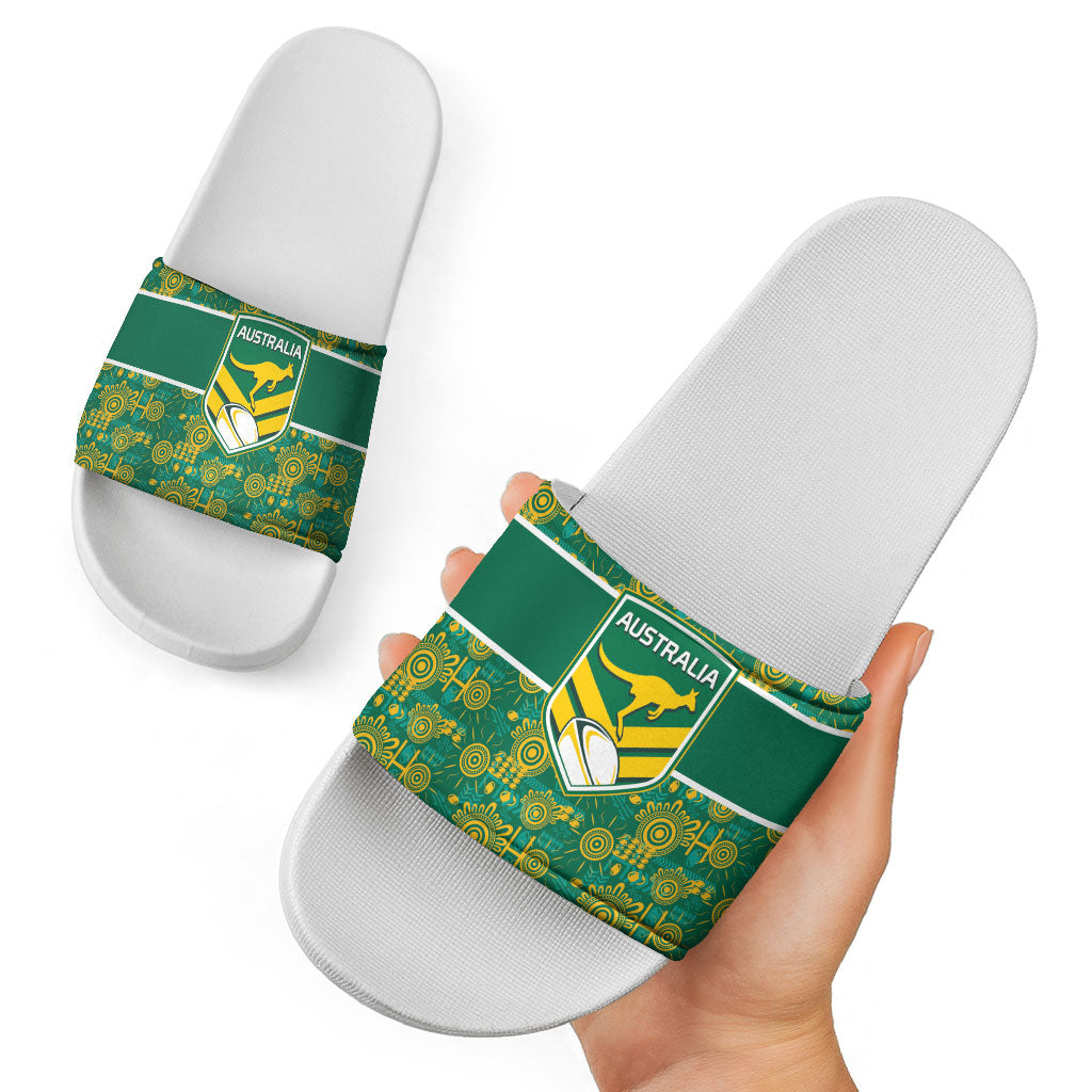 Australia Rugby Kangaroo Slide Sandals Green Gold Aboriginal Dot Geometry