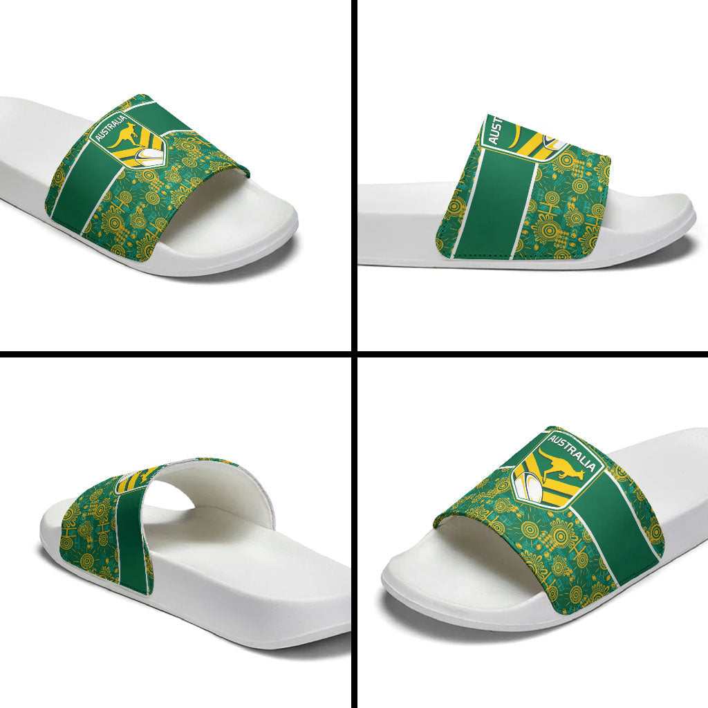Australia Rugby Kangaroo Slide Sandals Green Gold Aboriginal Dot Geometry