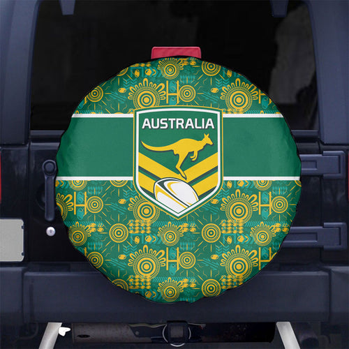 Australia Rugby Kangaroo Spare Tire Cover Green Gold Aboriginal Dot Geometry