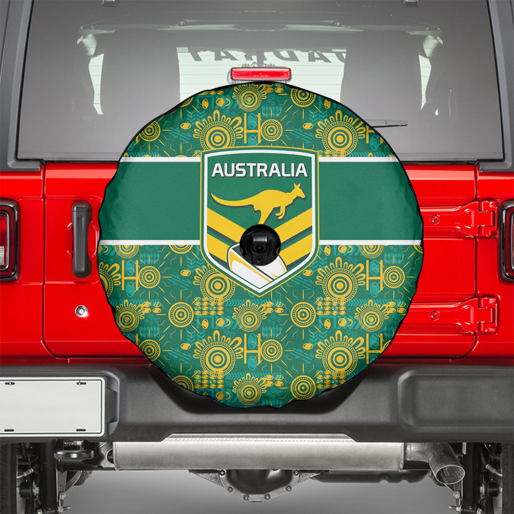 Australia Rugby Kangaroo Spare Tire Cover Green Gold Aboriginal Dot Geometry