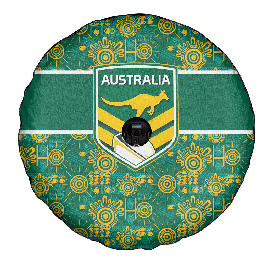 Australia Rugby Kangaroo Spare Tire Cover Green Gold Aboriginal Dot Geometry
