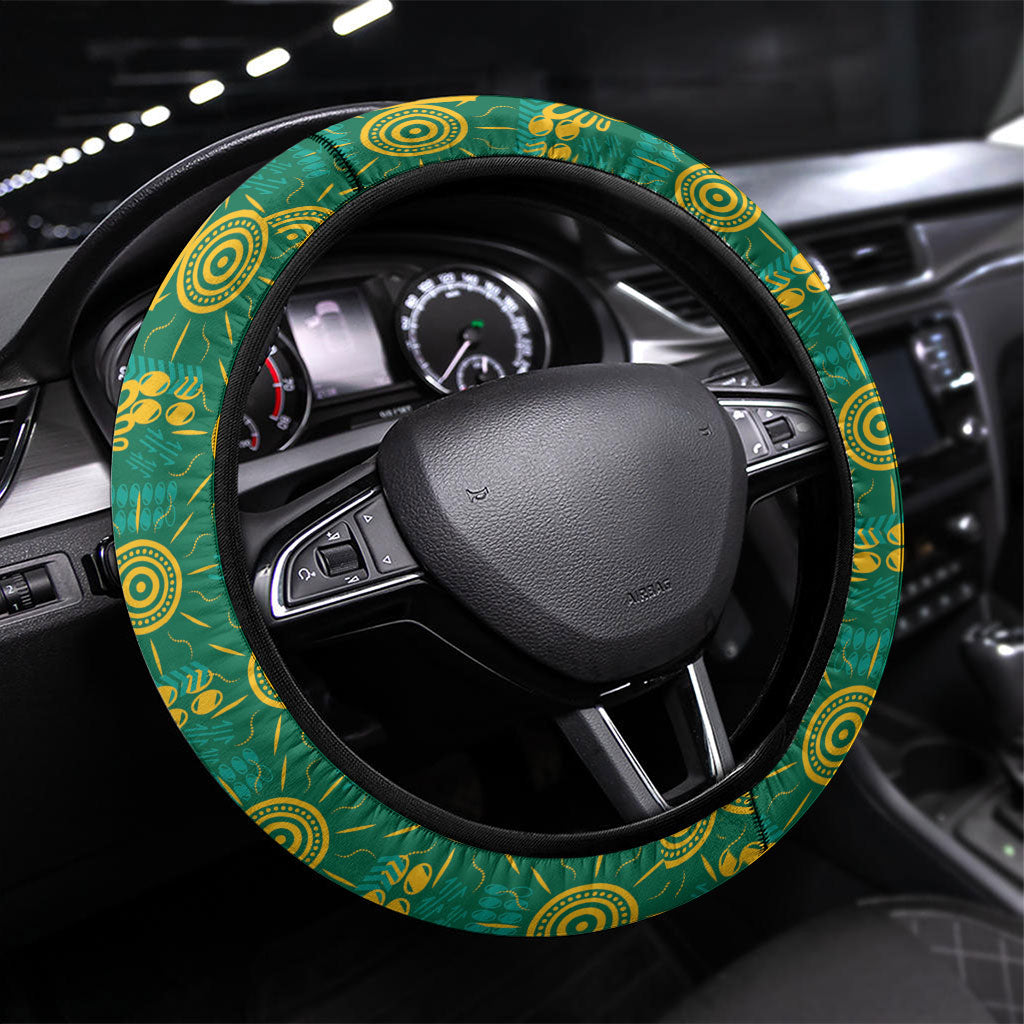 Australia Rugby Kangaroo Steering Wheel Cover Green Gold Aboriginal Dot Geometry