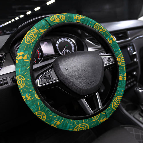 Australia Rugby Kangaroo Steering Wheel Cover Green Gold Aboriginal Dot Geometry