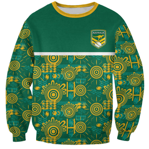 Australia Rugby Kangaroo Sweatshirt Green Gold Aboriginal Dot Geometry