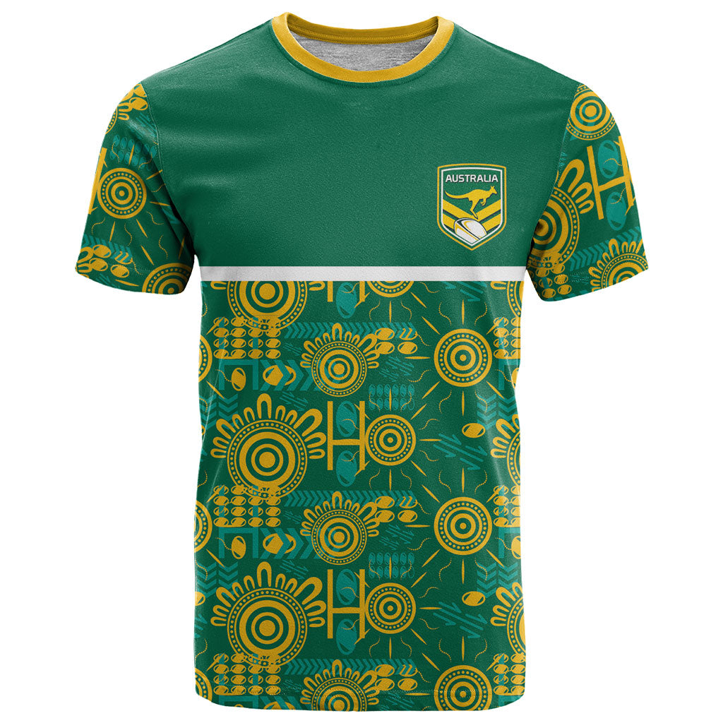 Australia Rugby Kangaroo T Shirt Green Gold Aboriginal Dot Geometry