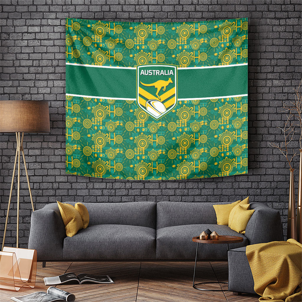 Australia Rugby Kangaroo Tapestry Green Gold Aboriginal Dot Geometry