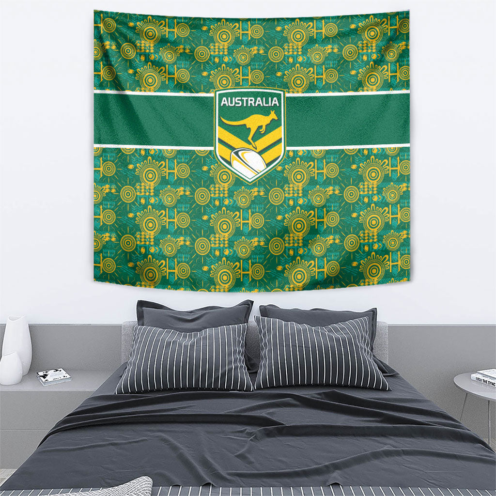 Australia Rugby Kangaroo Tapestry Green Gold Aboriginal Dot Geometry