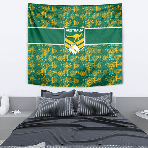 Australia Rugby Kangaroo Tapestry Green Gold Aboriginal Dot Geometry